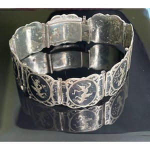 Sterling Silver Siam God Goddess Dancer Bracelet - Wide Niello 0.8"